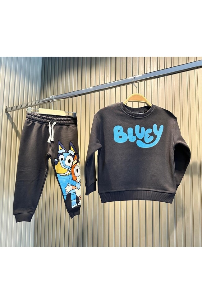 Erkek Çocuk Siyah Bluey Desenli Pamuklu Sweatshirt Eşofman Alt-Üst Takım