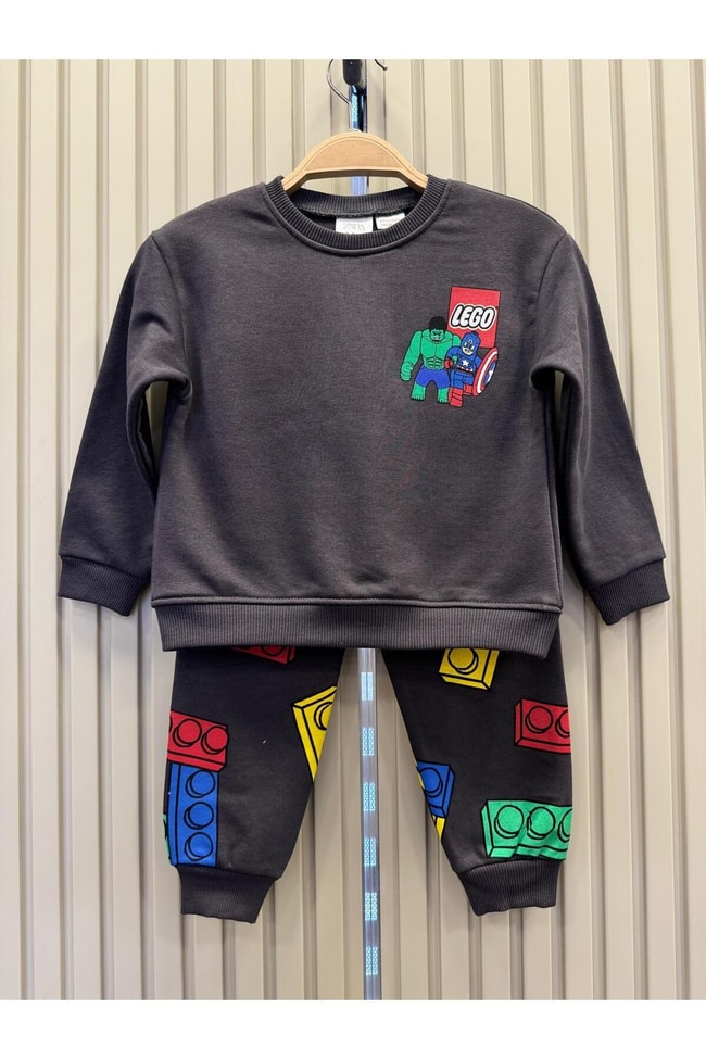 Erkek Çocuk Siyah Desenli Pamuklu Sweatshirt Eşofman Alt-Üst Takım
