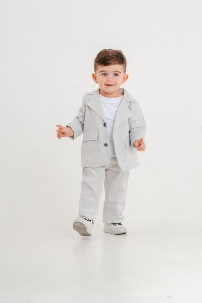 Erkek Çocuk Siyah Keten Ceket T-shirt Pantolon Alt-Üst Takım