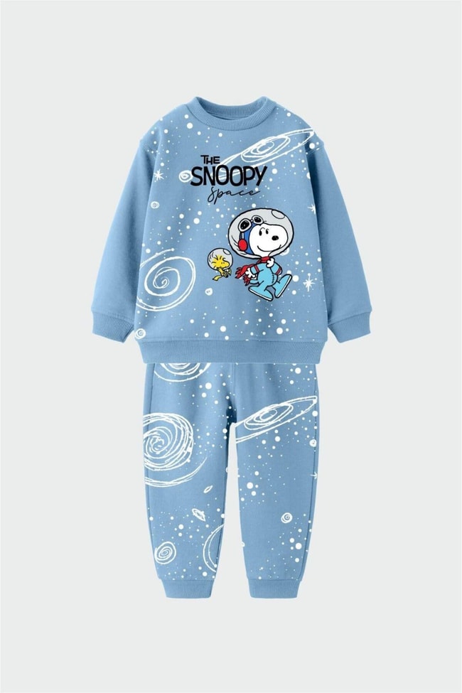 Erkek Çocuk Snoopy Desenli Kışlık 3 İplik Pamuklu Sweatshirt Eşofman Alt-Üst Takım