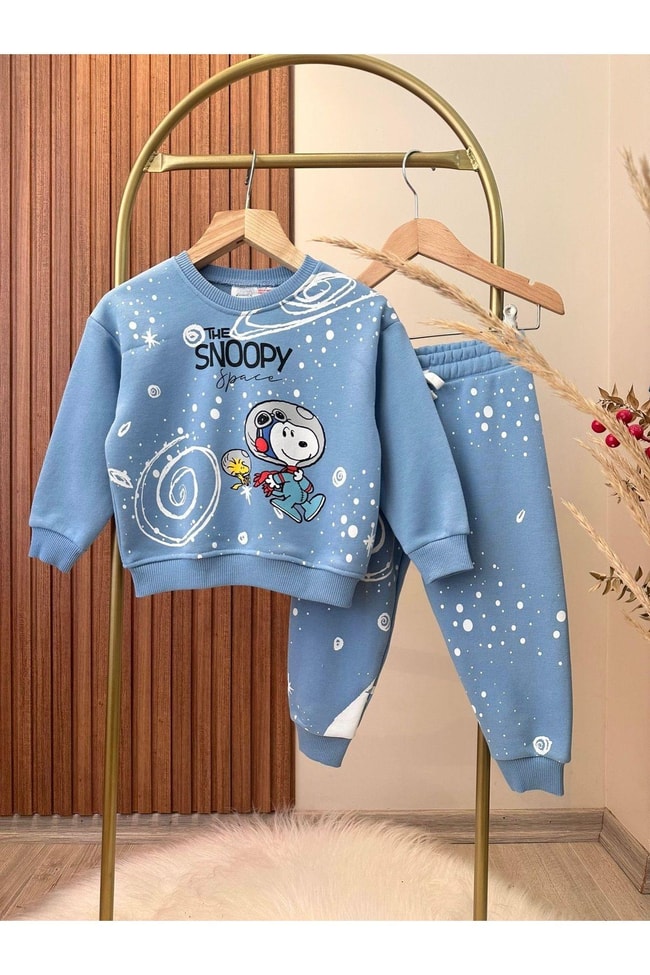 Erkek Çocuk Snoopy Desenli Kışlık 3 İplik Pamuklu Sweatshirt Eşofman Alt-Üst Takım
