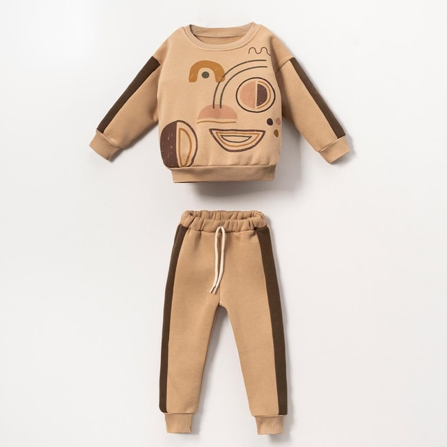 Erkek Çocuk Soyut Daire Desenli Kışlık 3 İplik Şardonlu Pamuklu Sweatshirt Eşofman Alt-Üst Takım