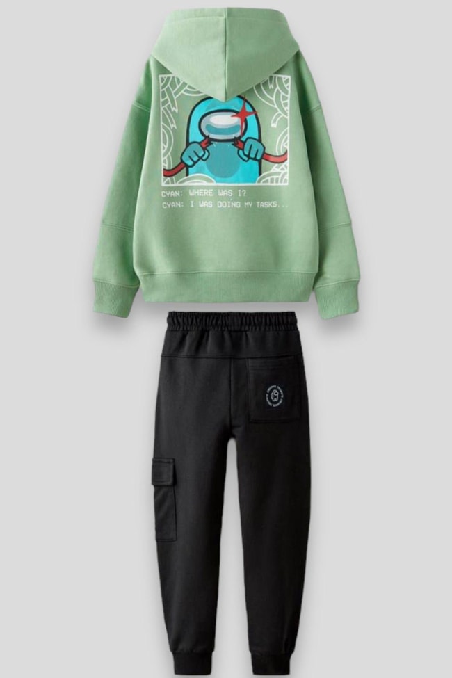Erkek Çocuk Yeşil Among Us Desenli Pamuklu Sweatshirt Eşofman Alt-Üst Takım