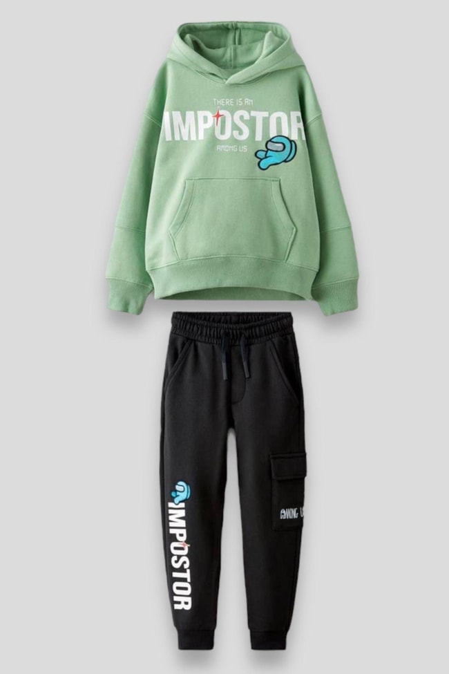 Erkek Çocuk Yeşil Among Us Desenli Pamuklu Sweatshirt Eşofman Alt-Üst Takım