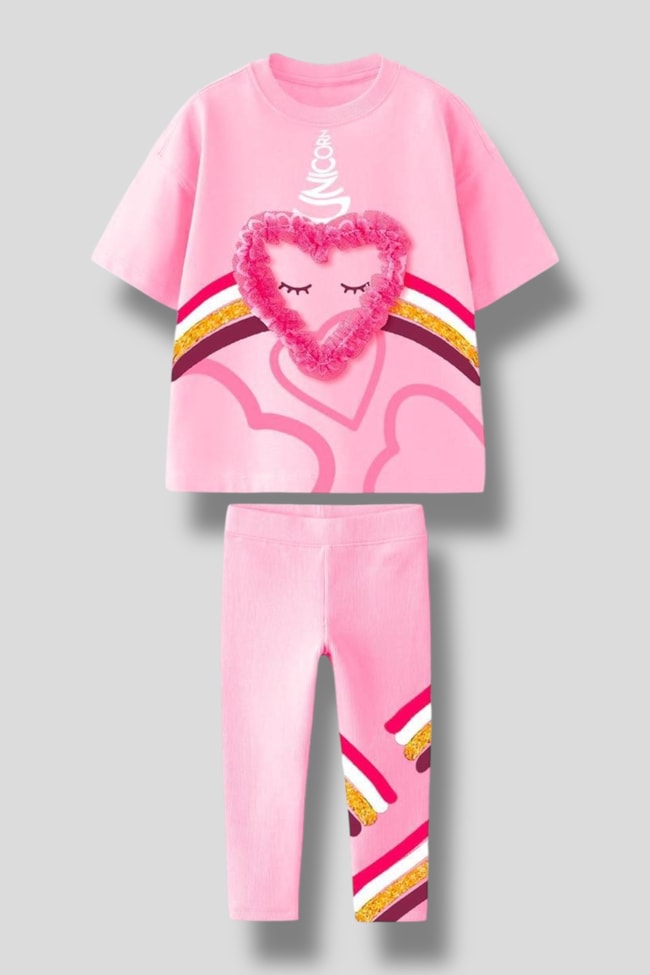 Kız Çocuk 3D Kalp Detaylı Unicorn Baskılı Tişört ve Tayt Takımı – 2'li Set, Pamuklu ve Rahat