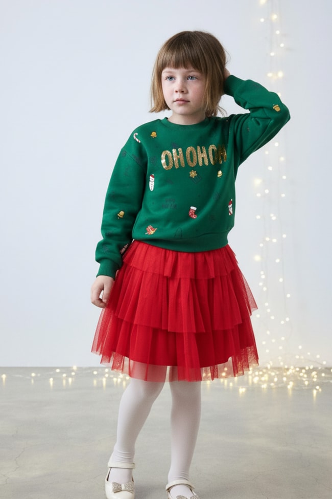 Kız Çocuk Pamuklu Yeşil Sweatshirt ve Kırmızı Tül Etek Takım - Yılbaşı Konseptli