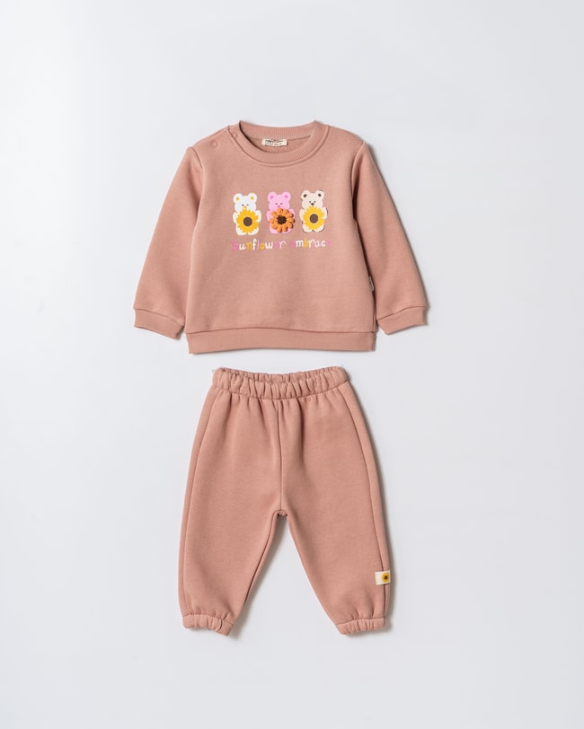 Kız Çocuk Pamuklu Pudra Ayıcık Baskılı Sweatshirt ve Eşofman Takım