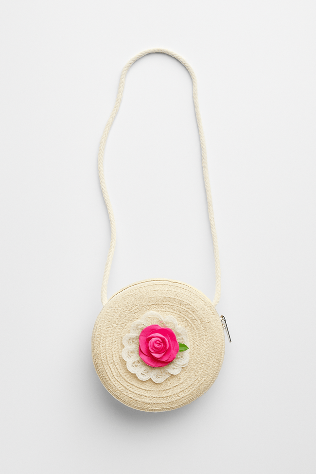 Kız Çocuk Hasır Çapraz Çanta - Pembe Gül Detaylı Yuvarlak Model