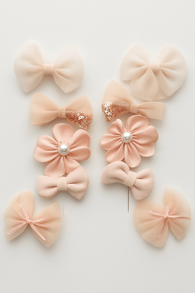 Kız Çocuk Somon ve Krem Renkli 10'lu Toka Seti – Fiyonk, Çiçek ve Pul Detaylı