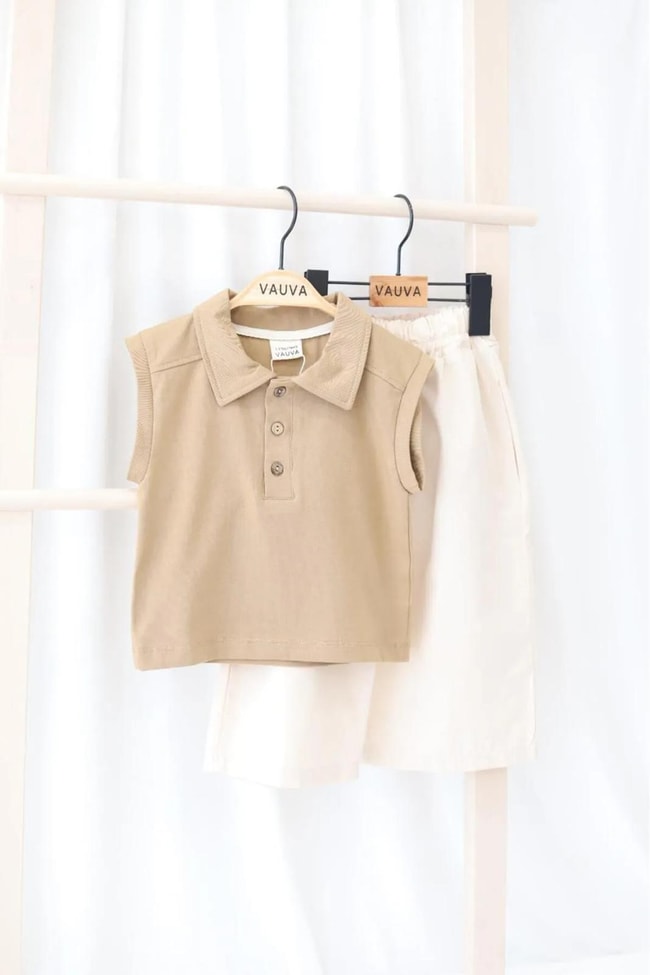 Erkek Çocuk Pamuklu Bej Polo Yaka Kolsuz T-shirt ve Ekru Şort Takım 