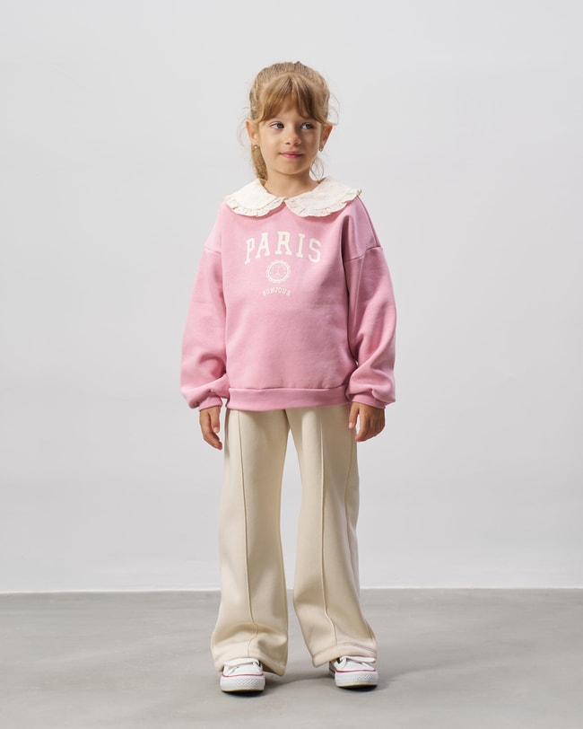 Kız Çocuk Pamuklu Pembe Paris Baskılı Dantel Yaka Sweatshirt Ekru Pantolon Takım