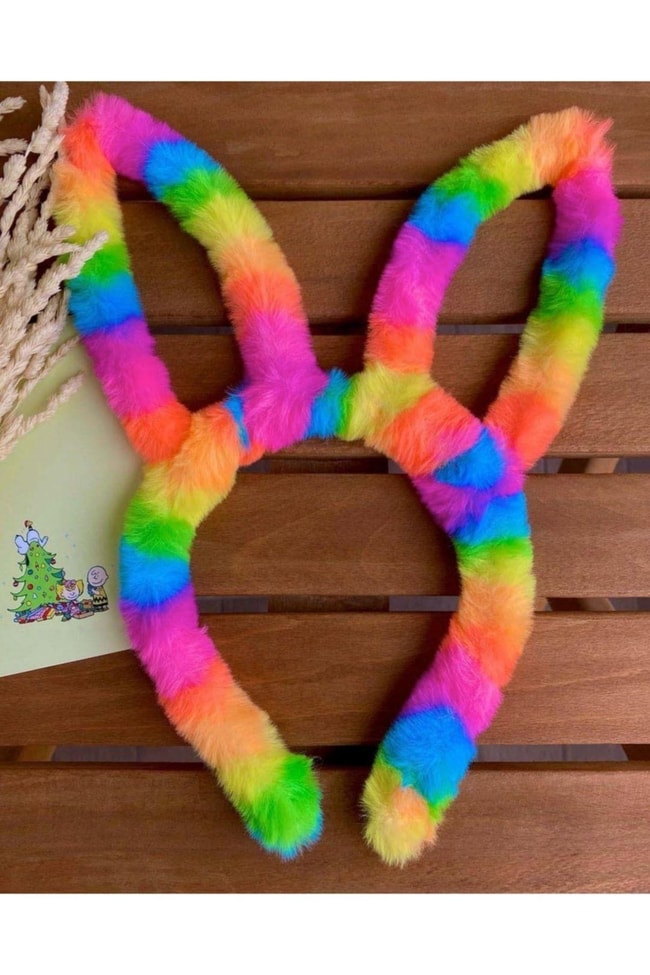 Gökkuşağı Desenli Tavşan Kulaklı Peluş Taç