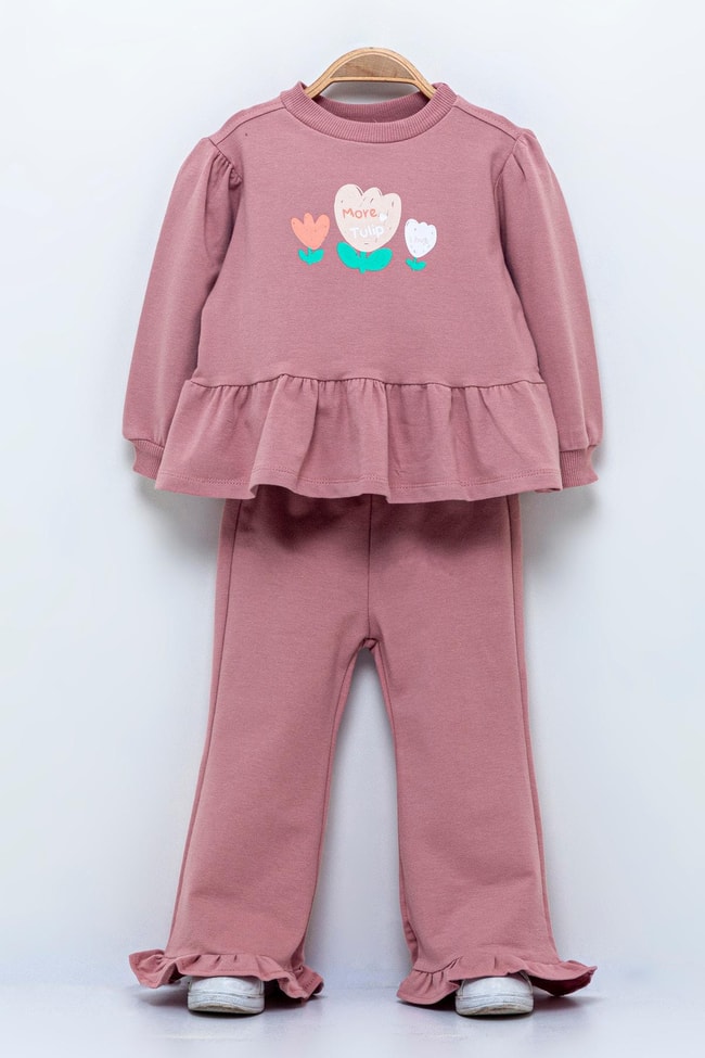 Kışlık Pamuklu Çiçek Desenli Sweatshirt Eşofman Alt-Üst Takım Kız Çocuk