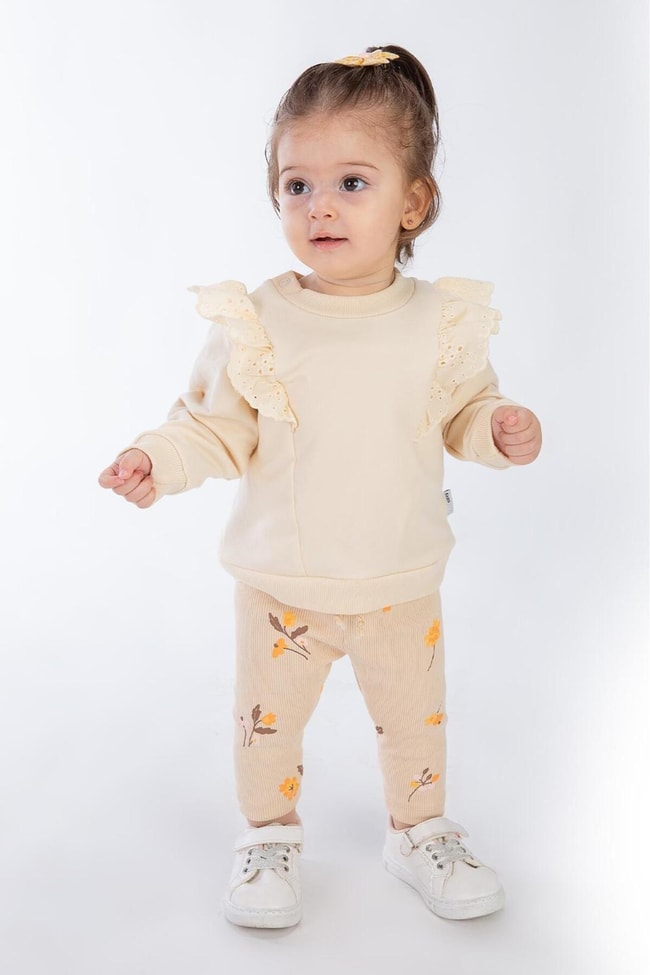 Kız Bebek Volanlı Çiçek Bej Desenli Pamuklu Sweatshirt Tayt Alt-Üst Takım