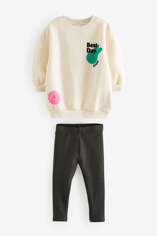Kız Çocuk Best Day Desenli Pamuklu Sweatshirt Tayt Alt-Üst Takım
