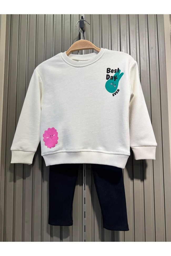 Kız Çocuk Best Day Desenli Pamuklu Sweatshirt Tayt Alt-Üst Takım