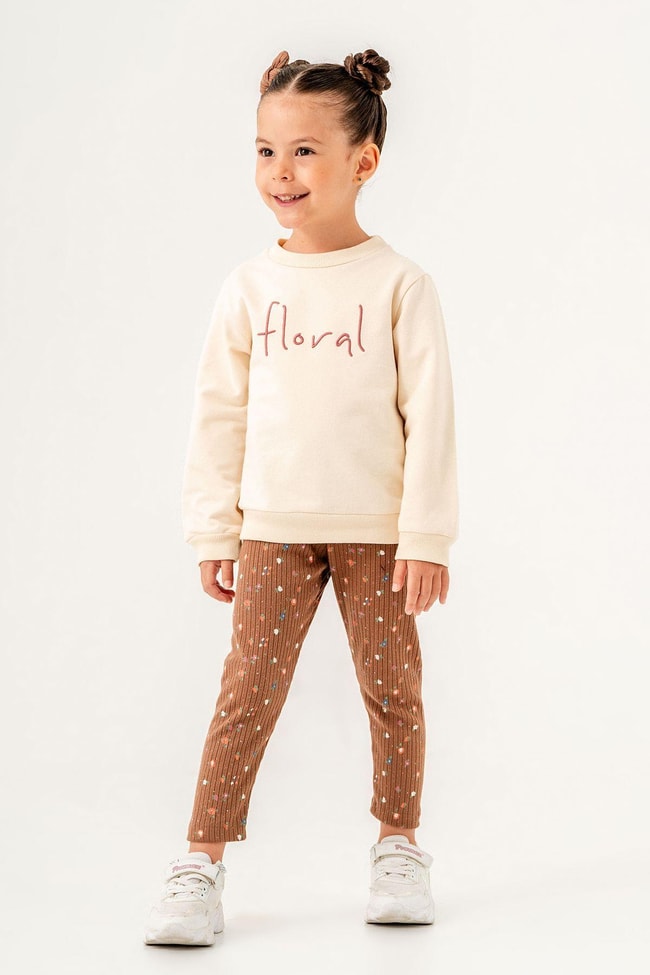 Kız Çocuk Çiçek Desenli Kışlık 3 İplik Pamuklu Sweatshirt Tayt Alt-Üst Tokalı Takım