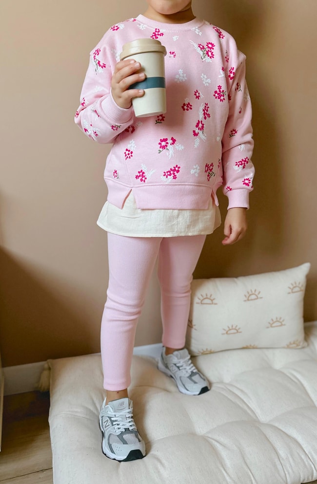 Kız Çocuk Çiçek Desenli Pamuklu Sweatshirt Tayt Alt-Üst Takım