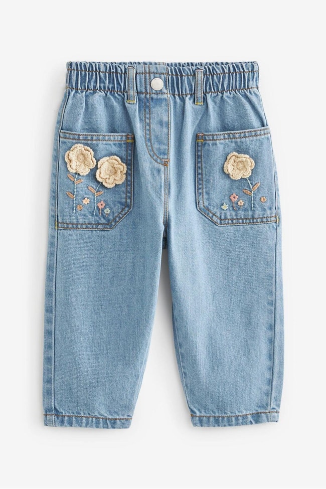 Kız Çocuk Denim Mavi Çiçek Nakışlı Kot Pantolon