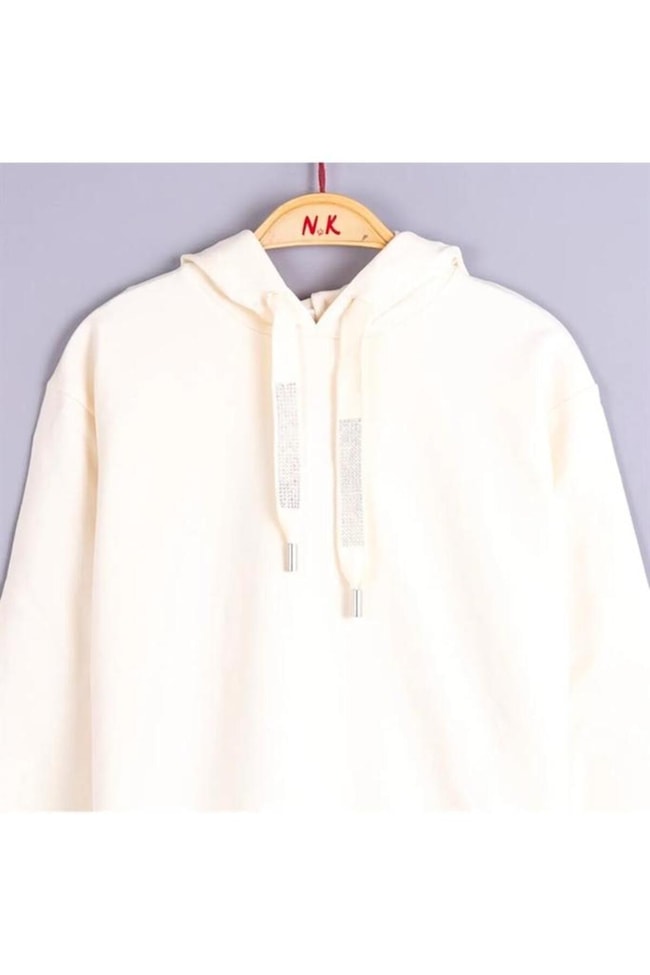 Kız Çocuk Ekru Taşlı Kapüşonlu Pamuklu Sweatshirt