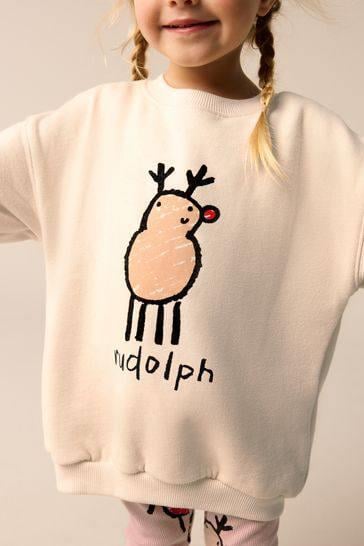 Kız Çocuk Geyik Yılbaşı Desenli Kışlık Pamuklu Sweatshirt Tayt Alt-Üst Takım