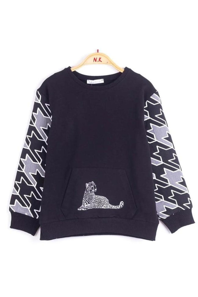 Kız Çocuk Kaplan Desenli Pamuklu Sweatshirt