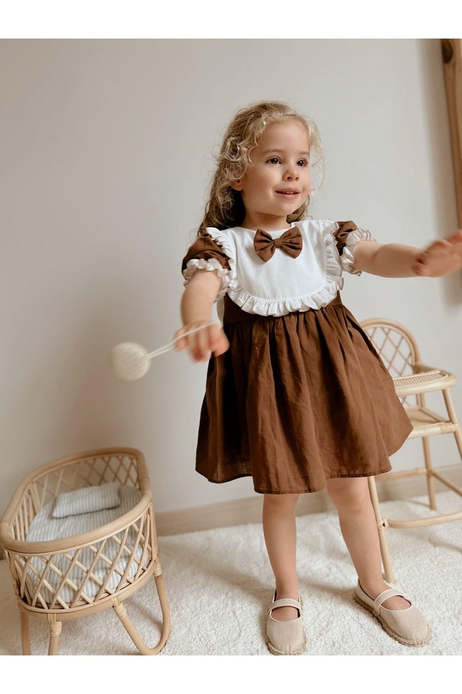 Kız Çocuk Keten Kahverengi Astarlı Vintage Elbise