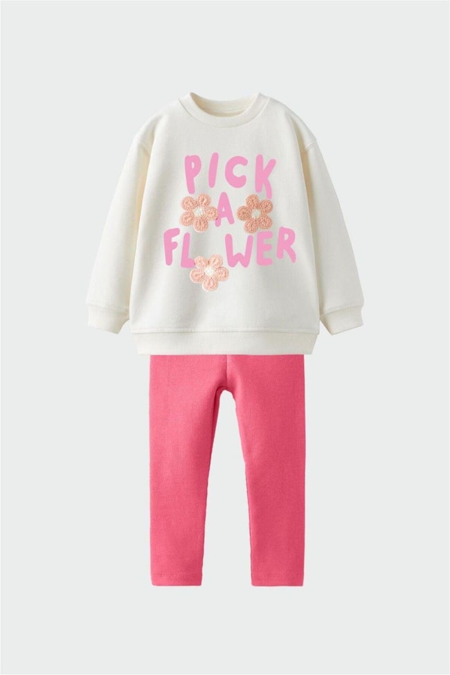 Kız Çocuk Kışlık Mavi Pembe Desenli Pamuklu Sweatshirt Tayt Alt-Üst Takım