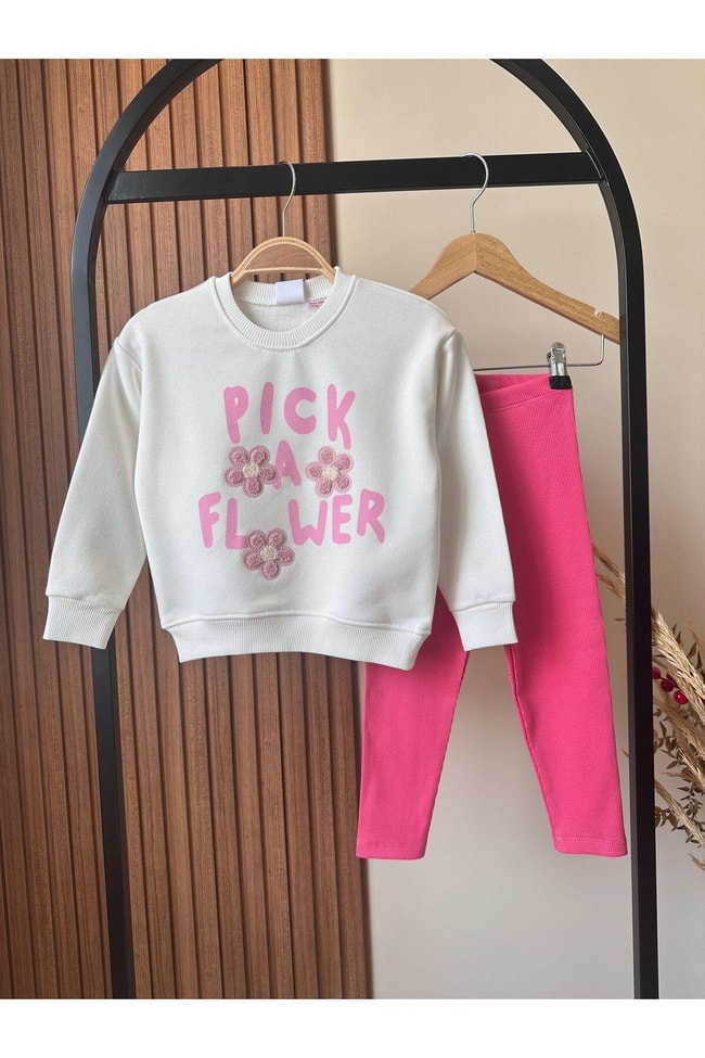 Kız Çocuk Kışlık Mavi Pembe Desenli Pamuklu Sweatshirt Tayt Alt-Üst Takım