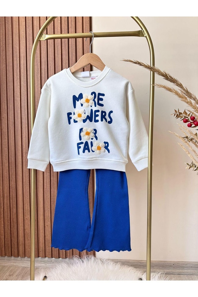 Kız Çocuk Kışlık Mavi Pembe Desenli Pamuklu Sweatshirt Tayt Alt-Üst Takım