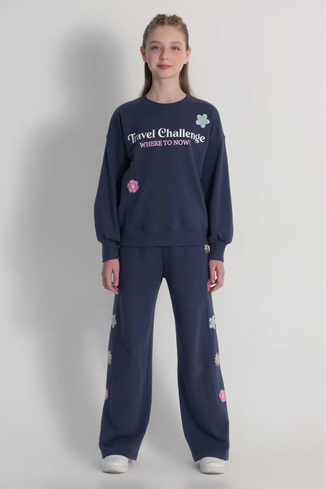 Kız Çocuk Kışlık Pamuklu Çiçek İşlemeli  Sweatshirt Eşofman Alt-Üst Takım