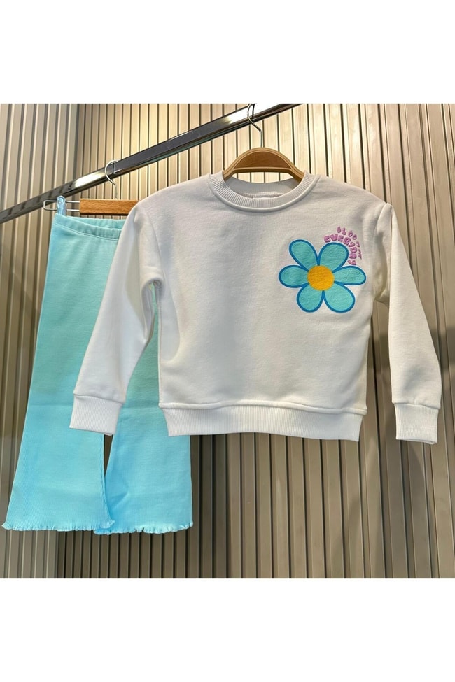 Kız Çocuk Mavi Çiçek Desenli Pamuklu Sweatshirt Fitilli Tayt Alt-Üst Takım