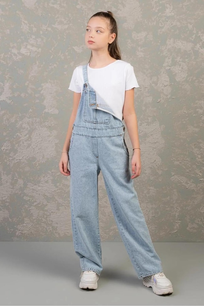 Kız Çocuk Mavi Kot Denim Salopet Tulum