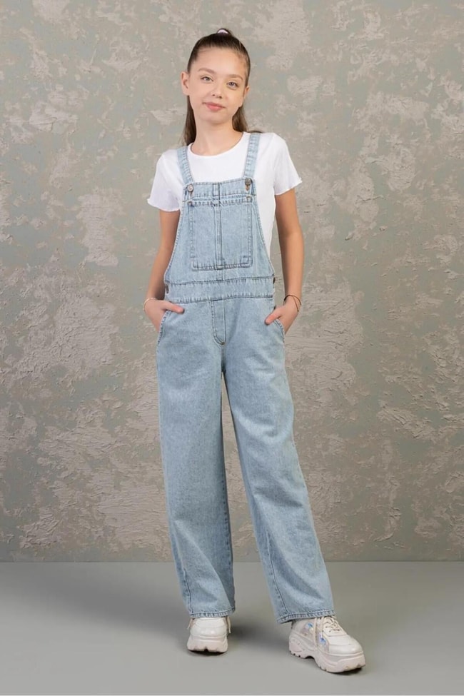 Kız Çocuk Mavi Kot Denim Salopet Tulum
