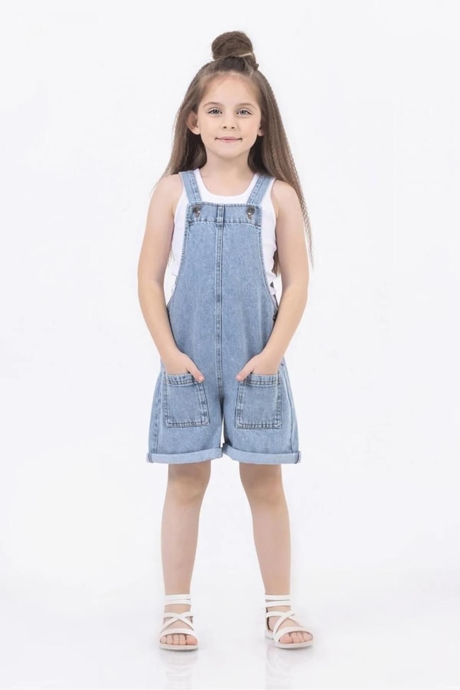 Kız Çocuk Mavi Kot Denim Şortlu Salopet Tulum