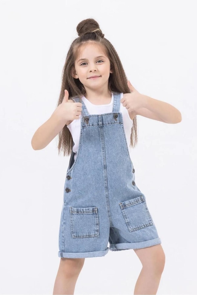 Kız Çocuk Mavi Kot Denim Şortlu Salopet Tulum