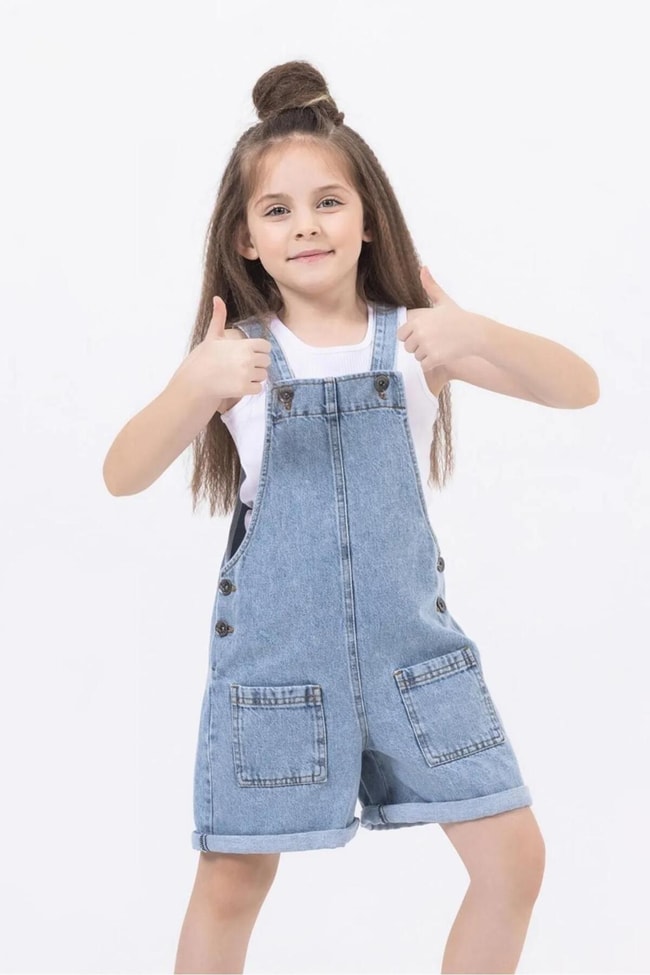 Kız Çocuk Mavi Kot Denim Şortlu Salopet Tulum