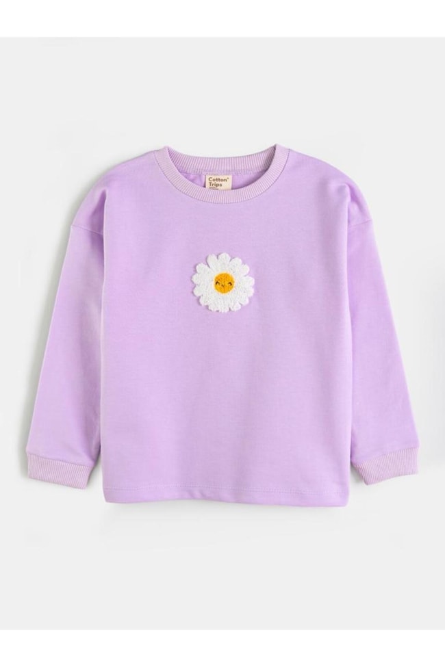 Kız Çocuk Mor Süzine Papatya Desenli Pamuklu Sweatshirt