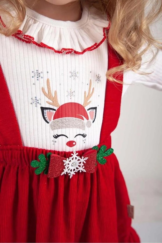 Kız Çocuk Noel Yılbaşı Temalı Geyikli Baskılı Salopet Elbise