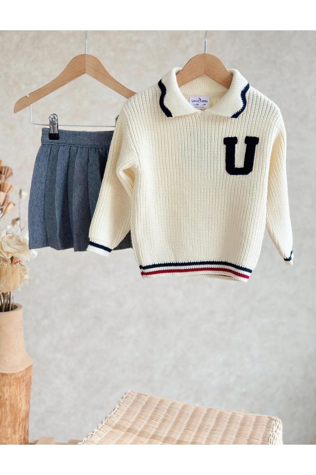 Kız Çocuk Old School Kışlık Triko Sweatshirt Etek Alt-Üst Takım