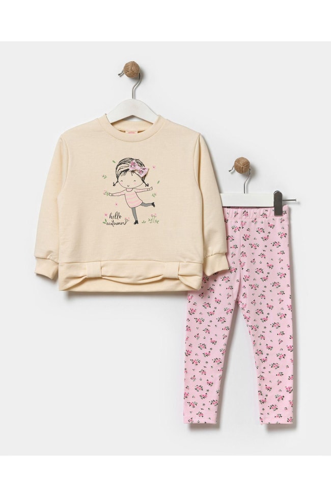 Kız Çocuk Pamuklu Desenli Pamuklu Sweatshirt Çiçekli Tayt Alt-Üst Takım