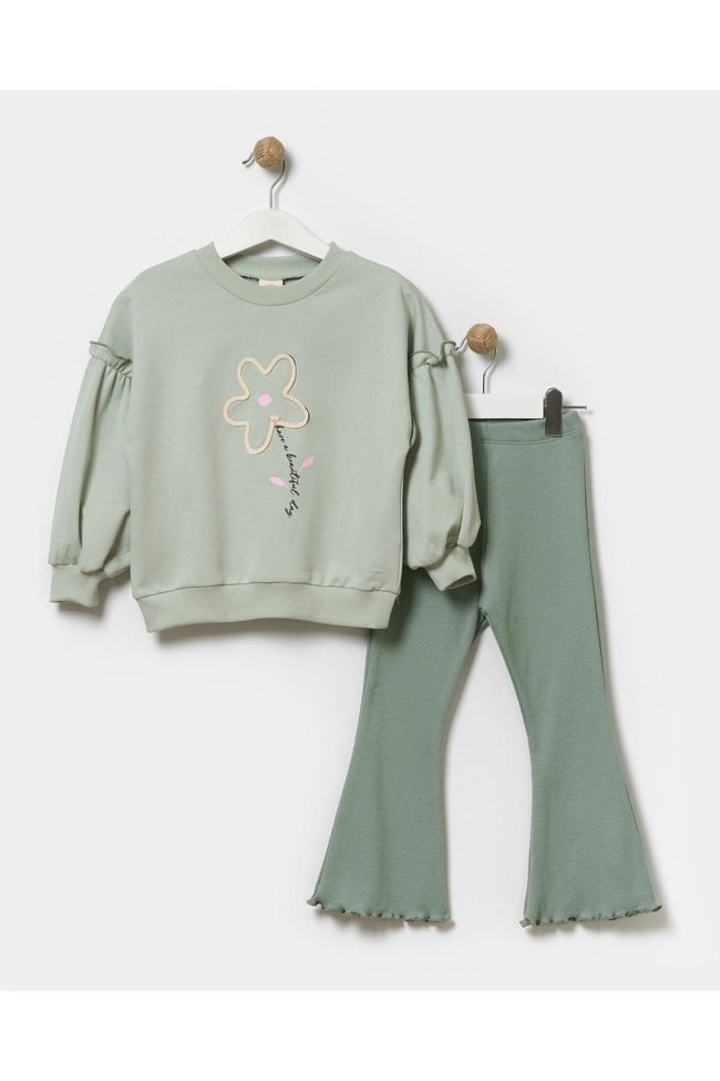 Kız Çocuk Pamuklu Pembe Çiçek Desenli Pamuklu Sweatshirt Tayt Alt-üst Takım