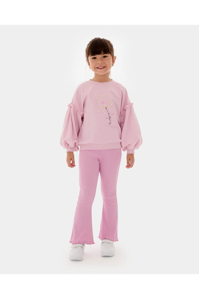 Kız Çocuk Pamuklu Pembe Çiçek Desenli Pamuklu Sweatshirt Tayt Alt-üst Takım