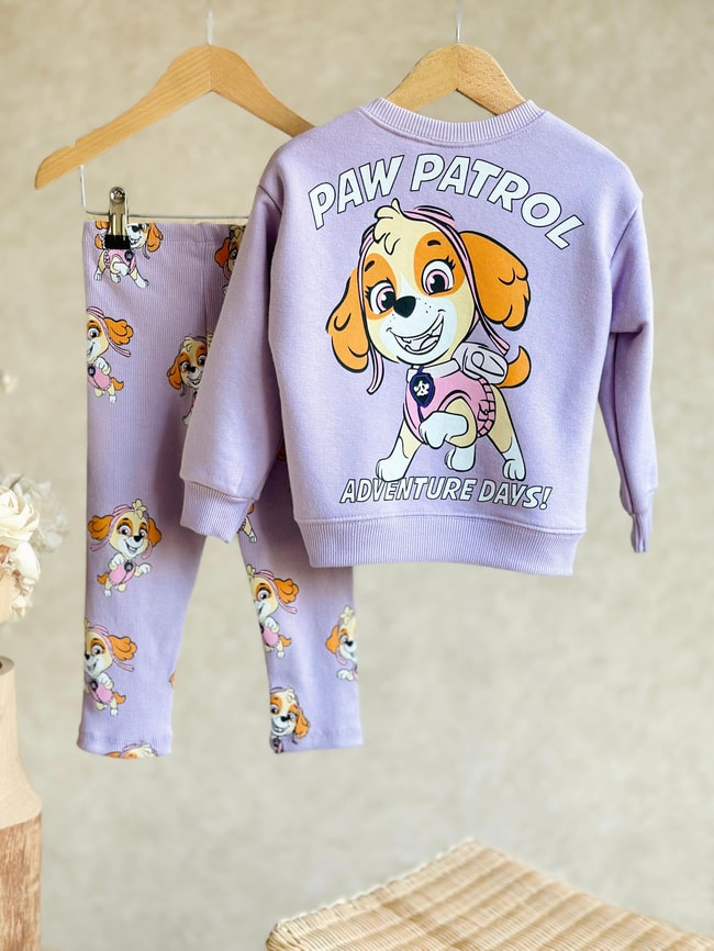 Kız Çocuk Paw Petrol Desenli Kışlık 3 İplik Pamuklu Sweatshirt Tayt Alt-Üst Takım