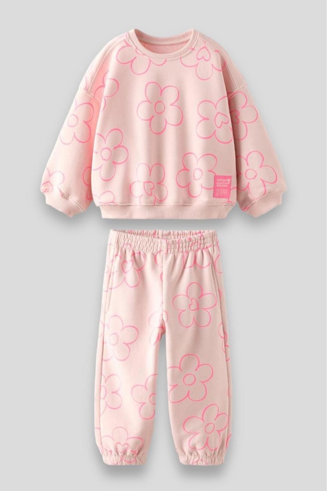 Kız Çocuk Pembe Çiçek Desenli Pamuklu Sweatshirt Eşofman Alt-Üst Takım