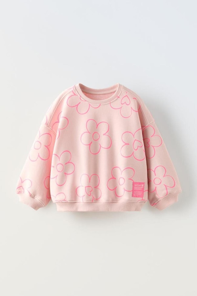 Kız Çocuk Pembe Çiçek Desenli Pamuklu Sweatshirt Eşofman Alt-Üst Takım