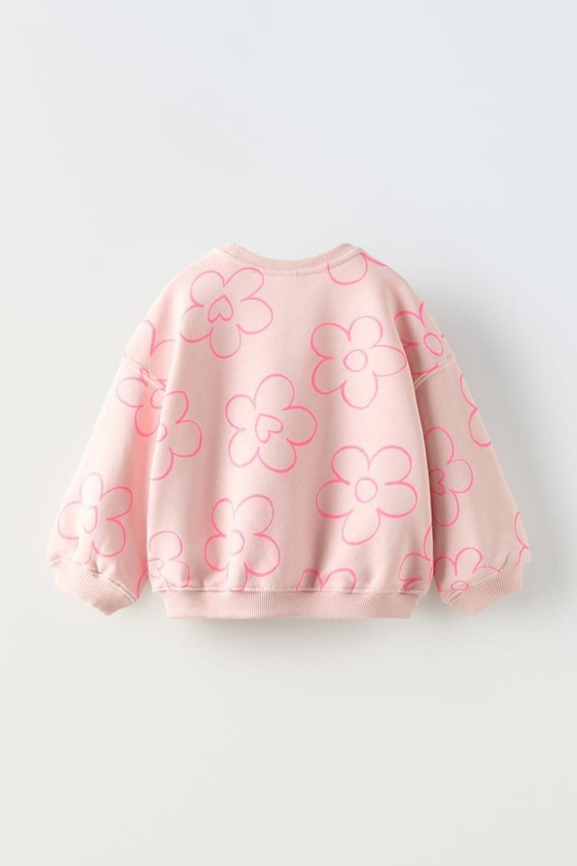 Kız Çocuk Pembe Çiçek Desenli Pamuklu Sweatshirt Eşofman Alt-Üst Takım