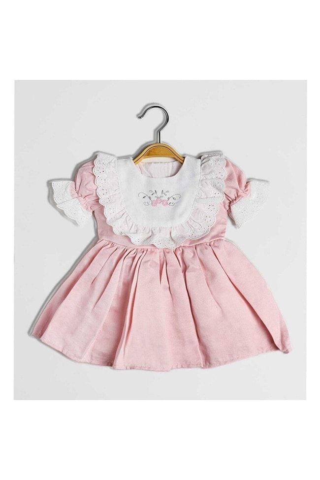 Kız Çocuk Pembe Çiçek Nakışlı Pamuklu Elbise