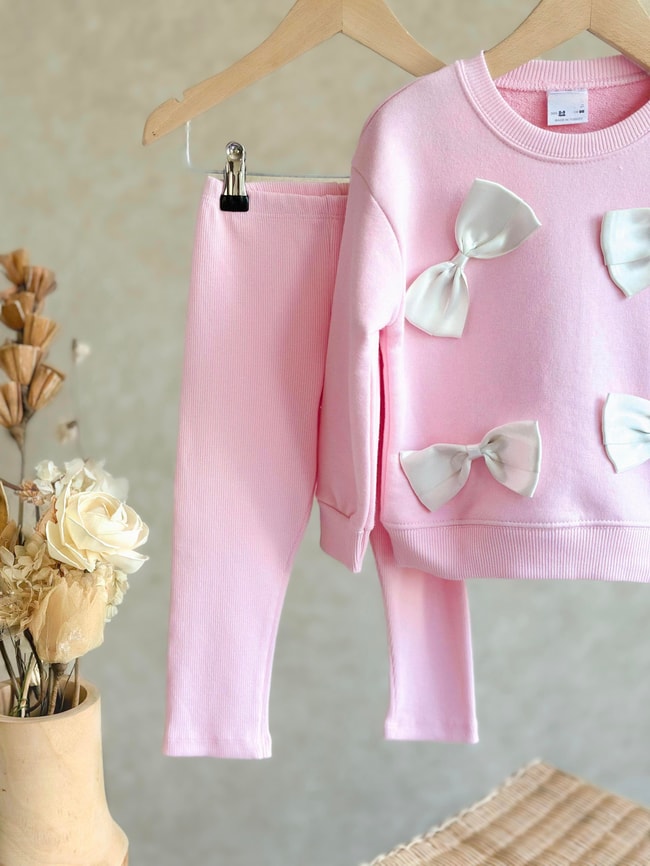 Kız Çocuk Pembe Fiyonklu Pamuklu Sweatshirt Tayt Alt-Üst Takım