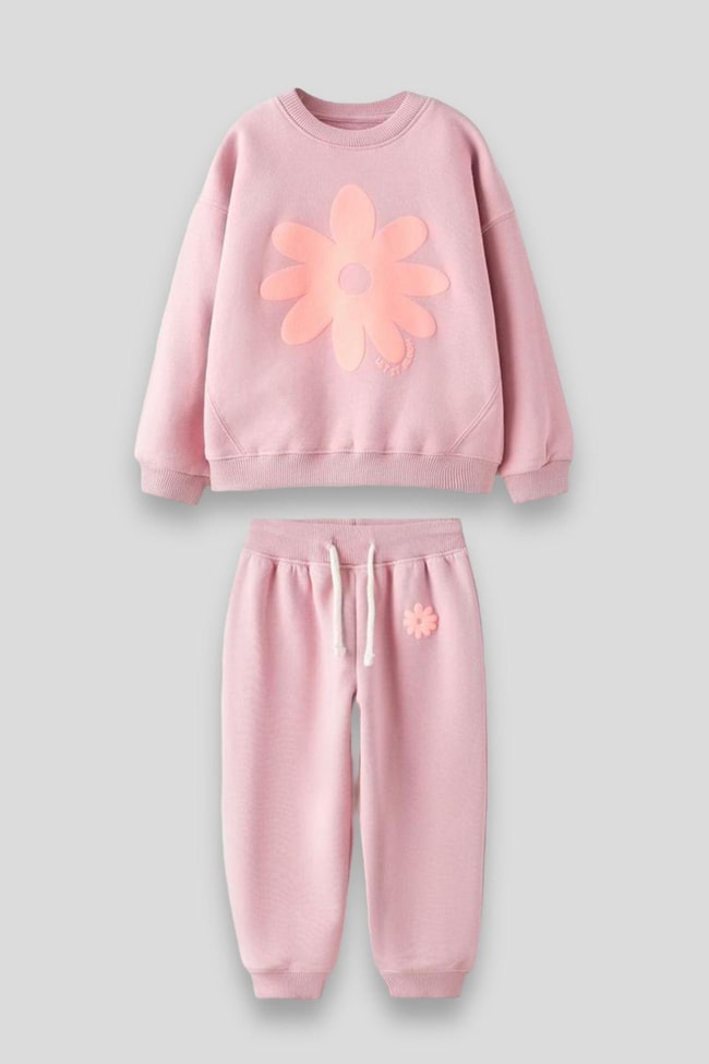 Kız Çocuk Pembe Kabartma Desenli Çiçek Pamuklu Sweatshirt Eşofman Alt-Üst Takım
